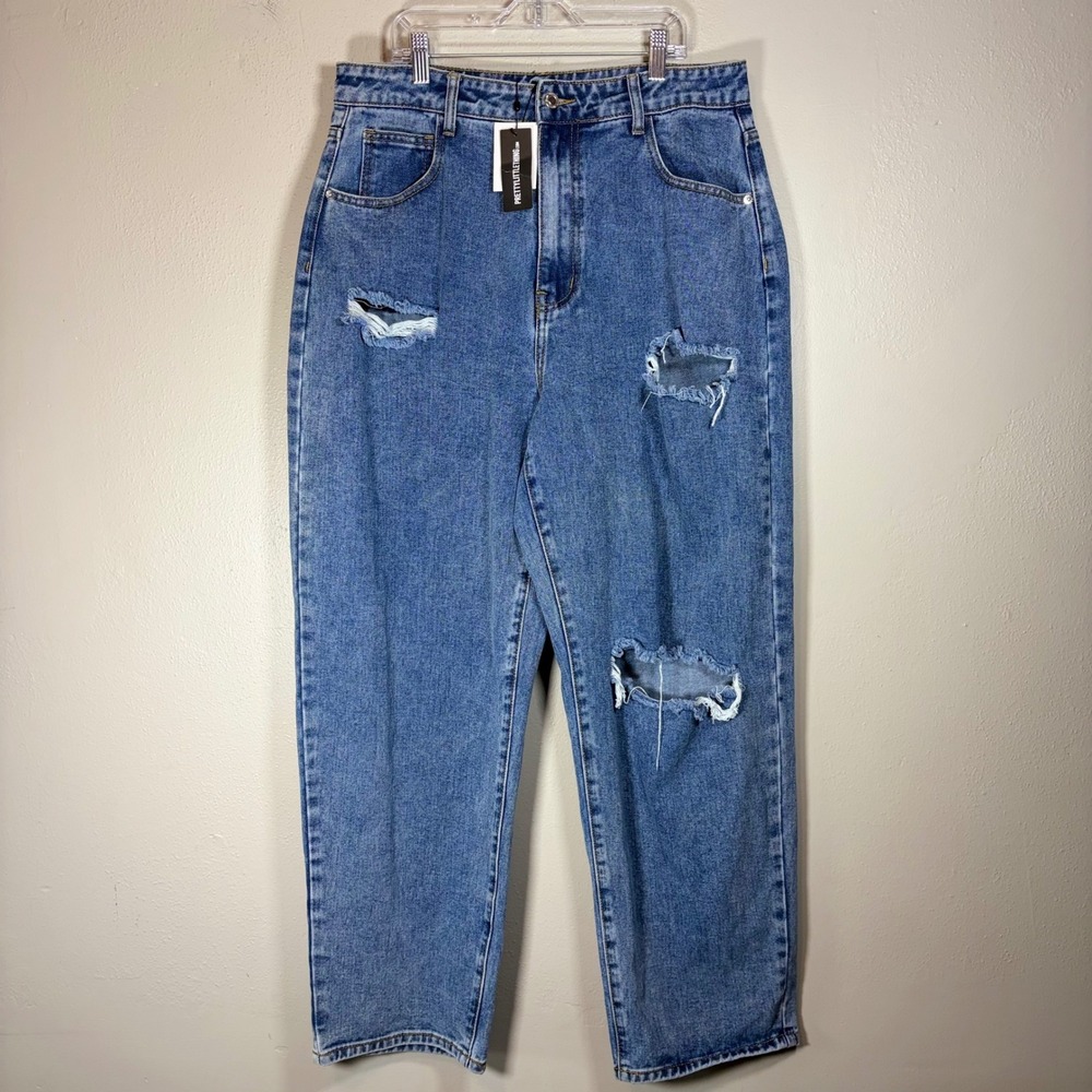 PrettyLittleThing Petite Mid Blue Wash Open Knee Boyfriend Jeans US 10 NWT